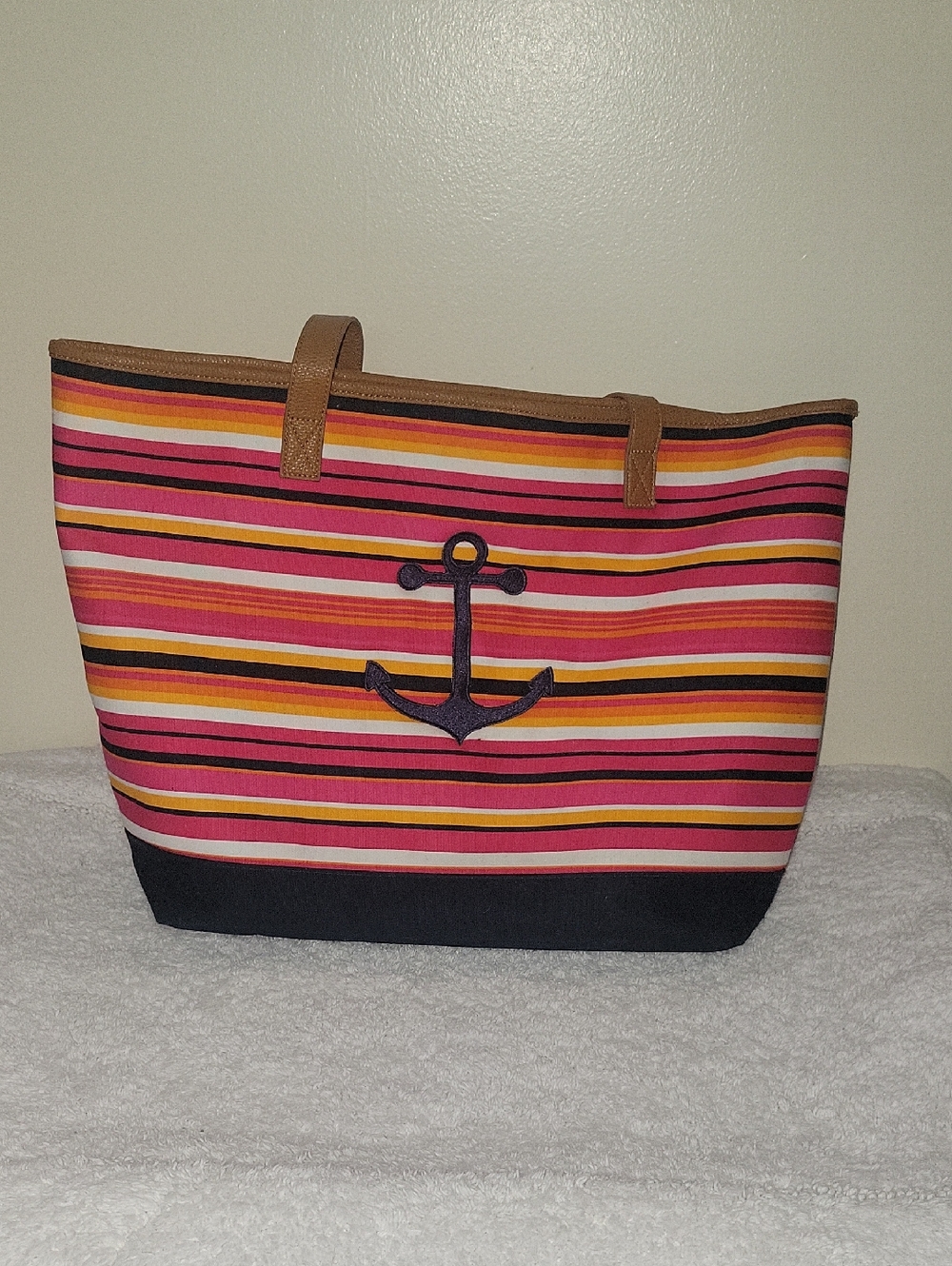 Thirty-One Striped Anchor Tote Bag in Pink, Orange, And Navy